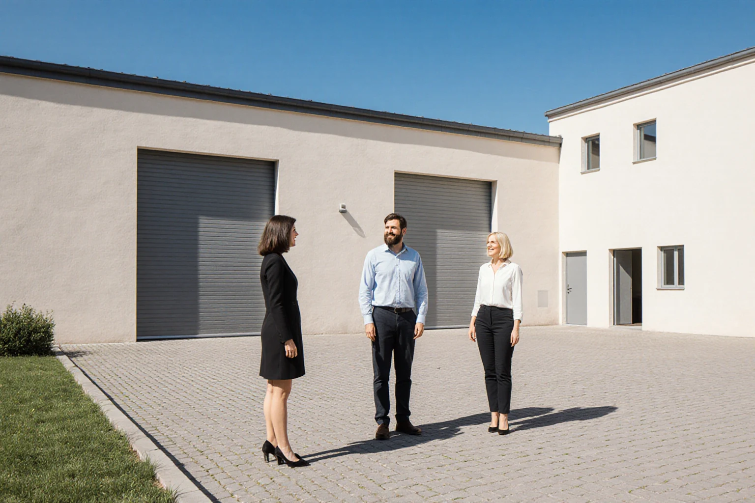 Vor-Ort-Gespräch an einer Gewerbehalle mit Büroanbau und nutzbarem Hof