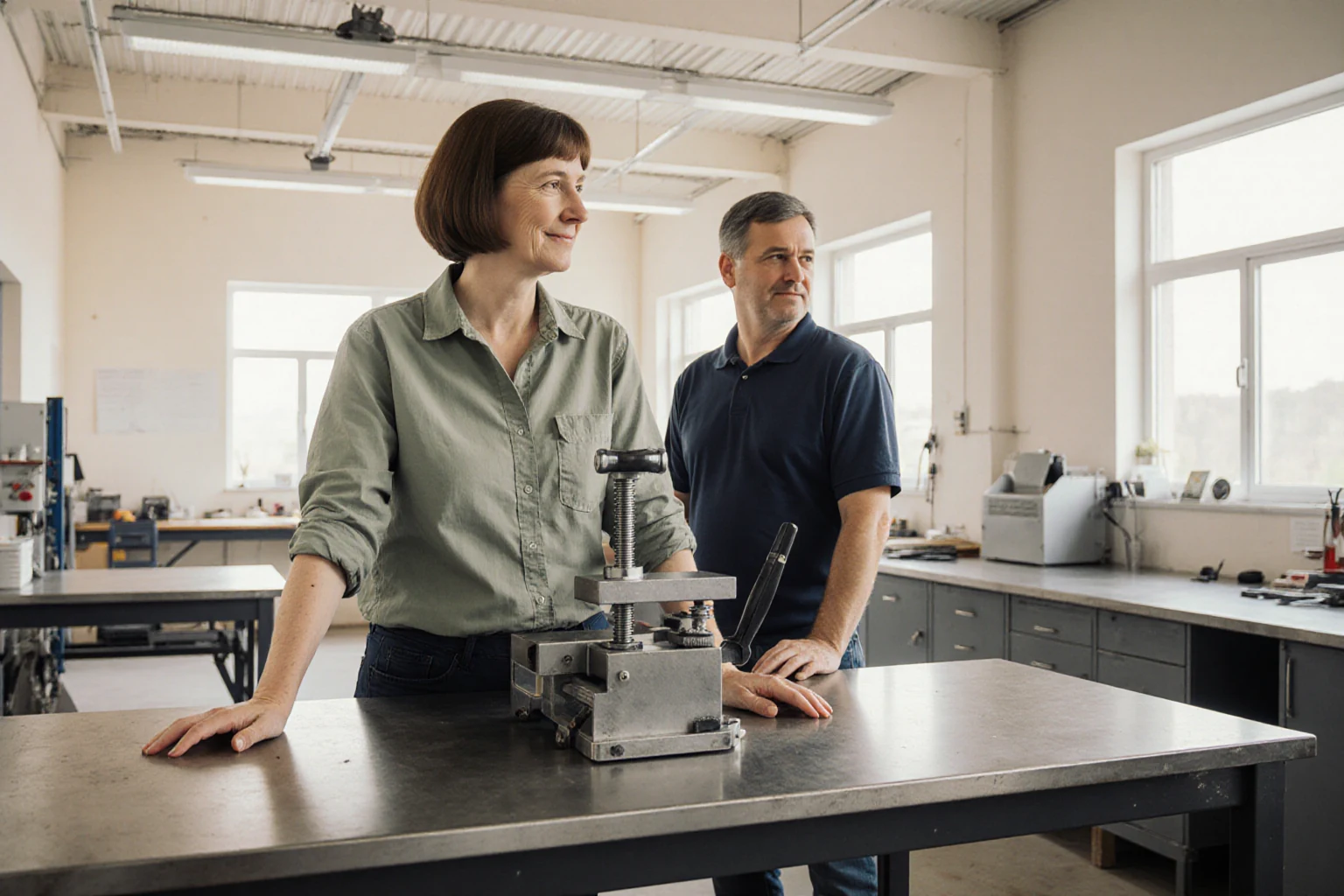Zwei Fachleute an einer mechanischen Spannvorrichtung in einer hellen Werkstatt